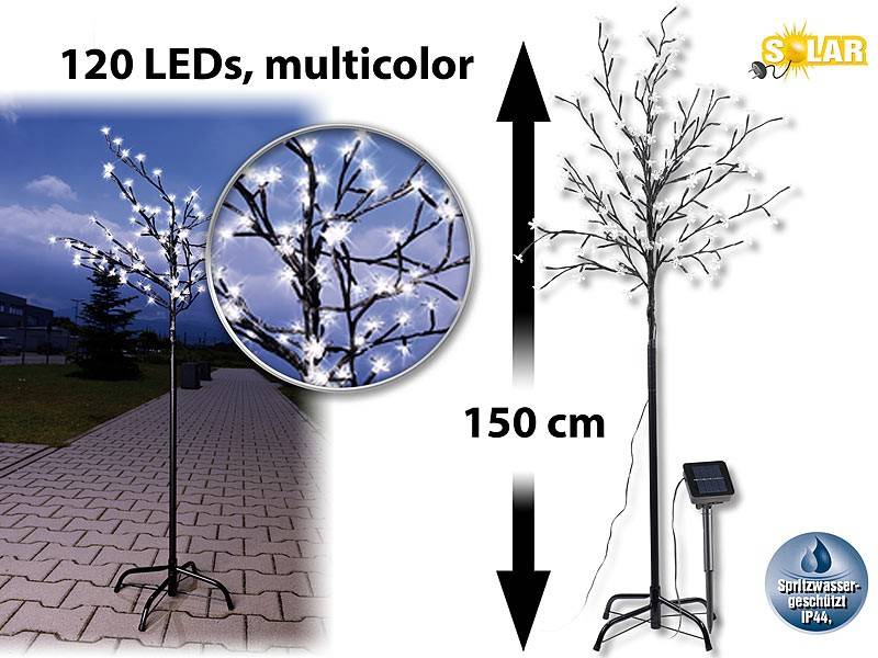 Lunartec Solar-LED-Lichterbaum mit 120 leuchtenden Blüten und Standfuß, 150  cm